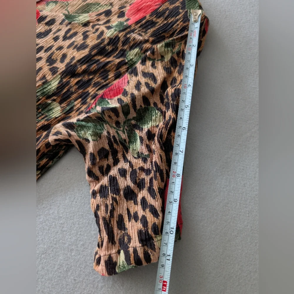 Vintage 90s Leopard and Rose Print Crinkle Rayon Midi Dress 70s Inspired Sz S - Picture 11 of 14